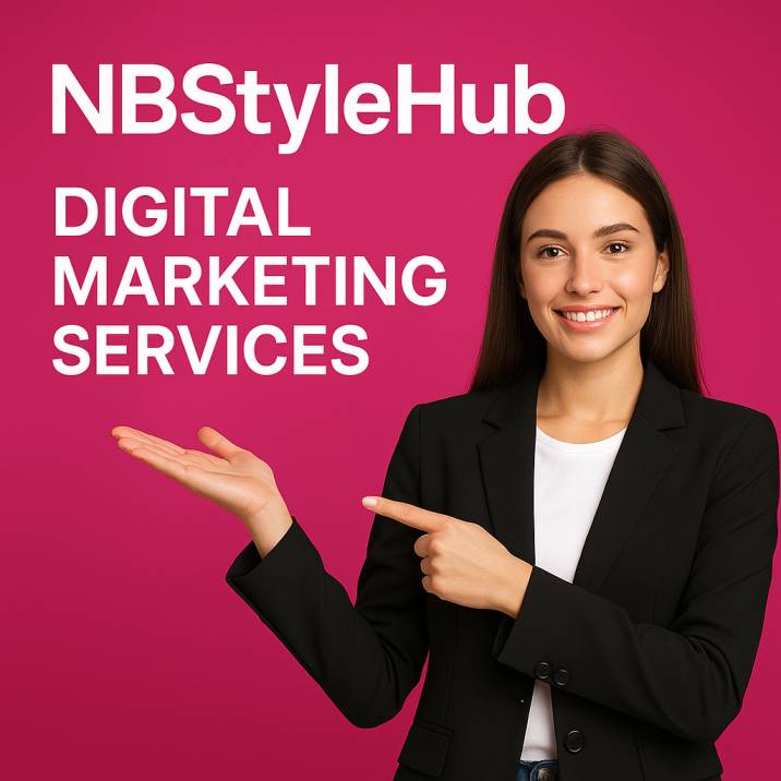 A professional woman confidently promoting NBStyleHub’s digital marketing services, symbolizing innovation and business growth in an ultra HD modern setting.
