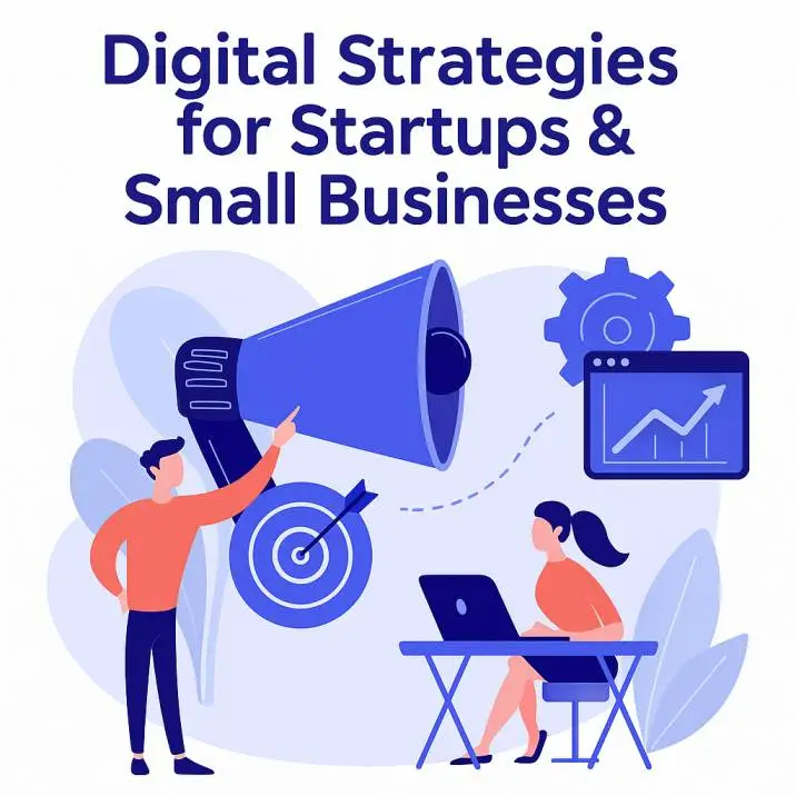 Illustration of a man pointing at a megaphone and target, while a woman works on a laptop, surrounded by digital marketing and analytics icons