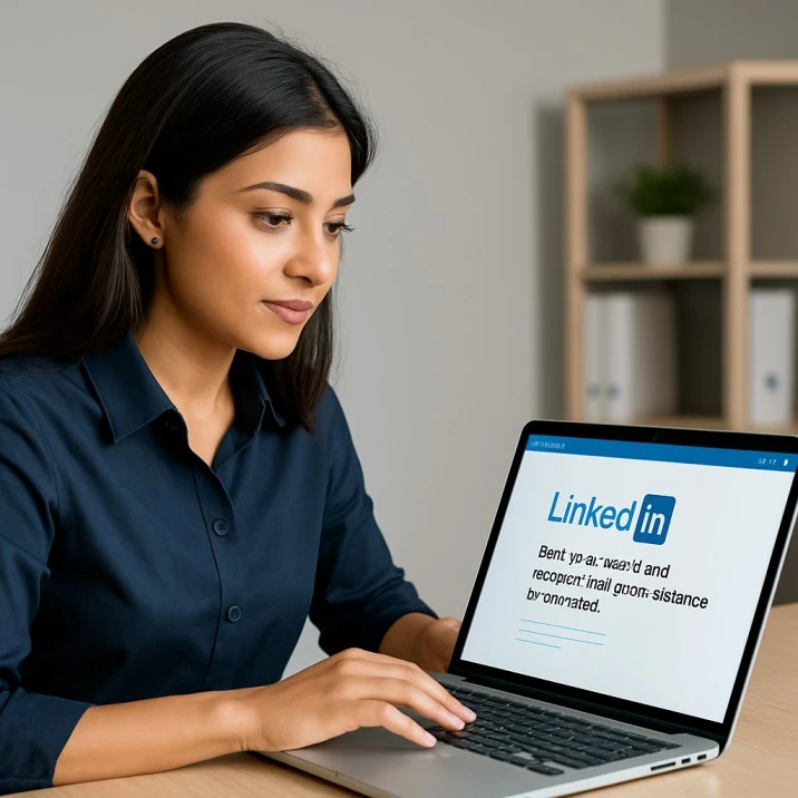 Professional woman working on LinkedIn ads strategy, representing what’s the ROI on LinkedIn for startups in a modern office setting