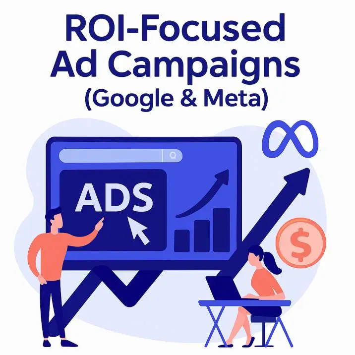 Illustration of a man pointing at a digital ad on a screen with rising graph bars, Meta logo, dollar symbol, and a woman working on a laptop, representing ROI-focused ad campaigns