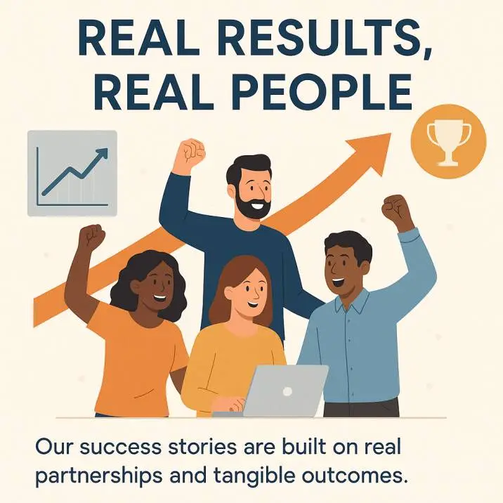 Diverse group of four happy professionals raising their fists in celebration, with upward graph and trophy icons in the background, representing real success through teamwork and results.