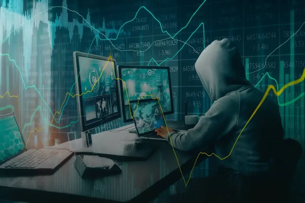 A person in a hoodie working on multiple screens showing charts, graphs, and data, symbolizing untapped internet marketing hacks and digital growth strategies in a high-tech setup.
