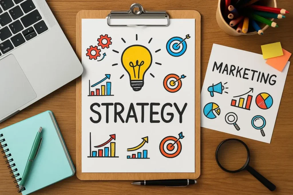 A clean and modern workspace with digital marketing strategy elements including a laptop, charts, a smartphone, and a coffee mug on a wooden desk.