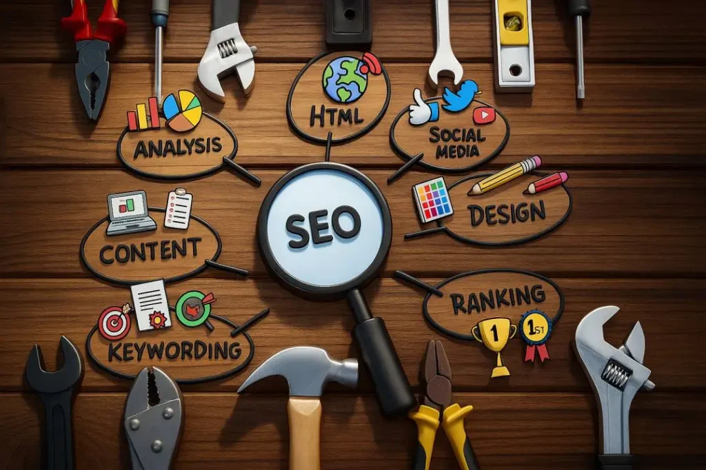 Various SEO tools illustrated on a wooden background representing the functions of an SEO Optimizer AI Agent including keywording, content, social media, ranking, and design.