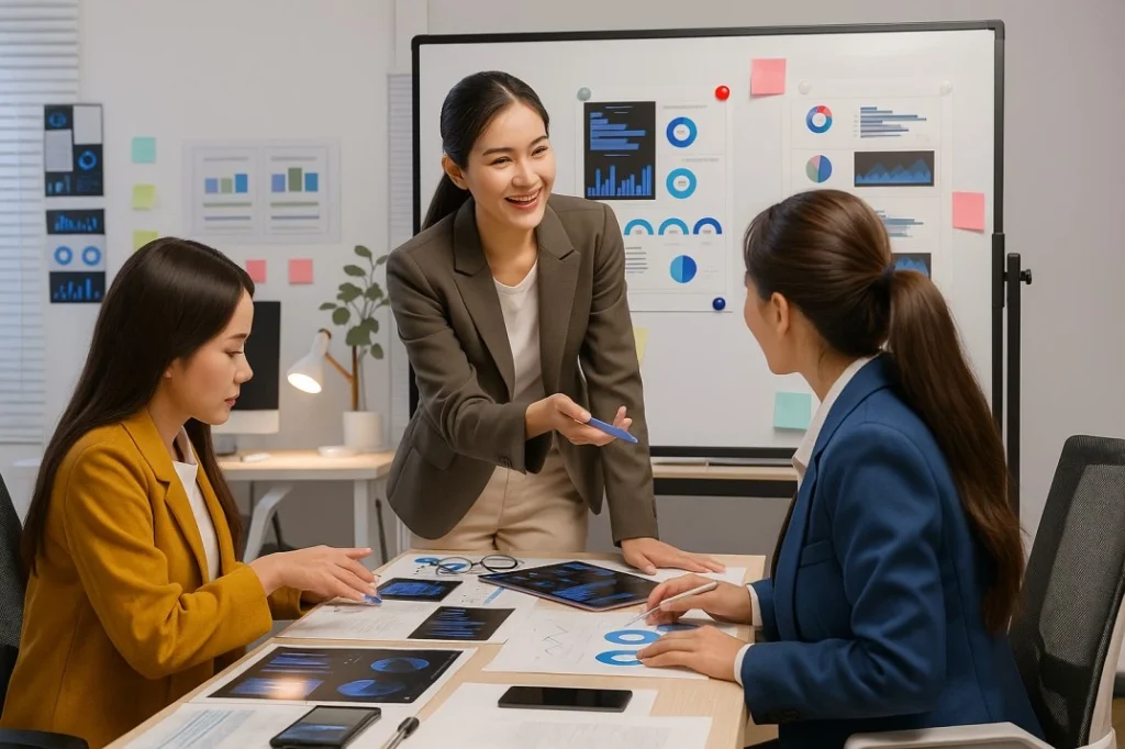 A team of Digital Marketing Consultants for small businesses discussing analytics and growth strategies during a planning session in a modern office.