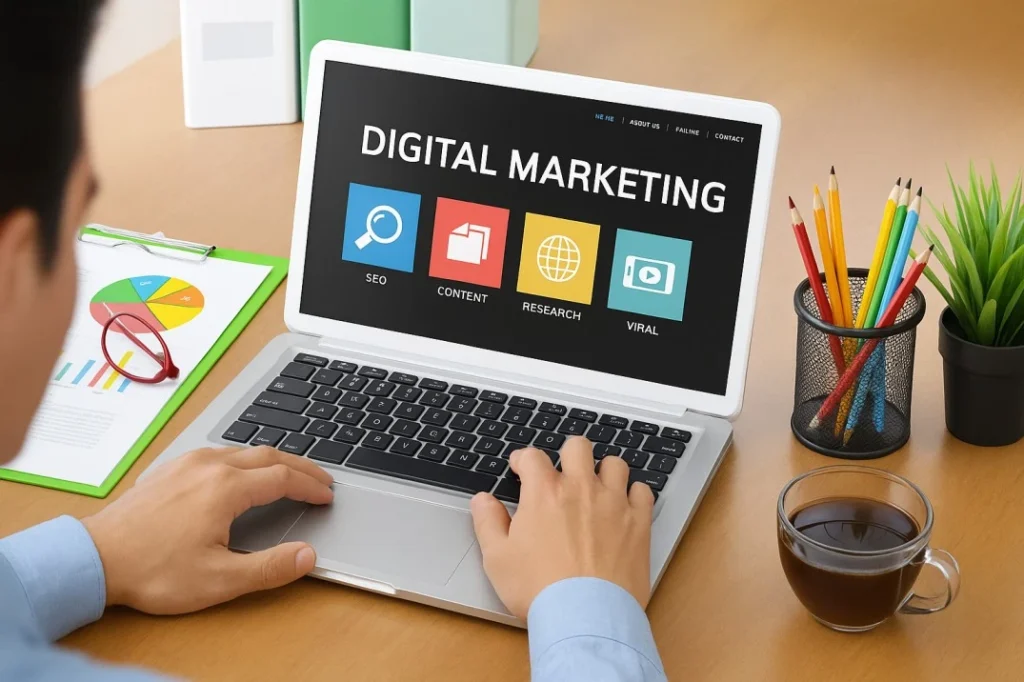 A Digital Marketing Consultant for small businesses working on SEO, content, research, and viral marketing strategies on a laptop at a modern workspace.