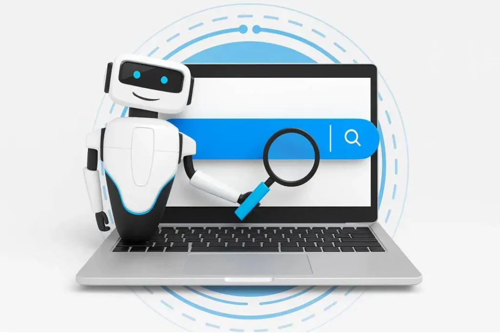 3D AI robot analyzing search data on a laptop, symbolizing the functionality of a modern SEO Optimizer AI Agent in automating SEO tasks.