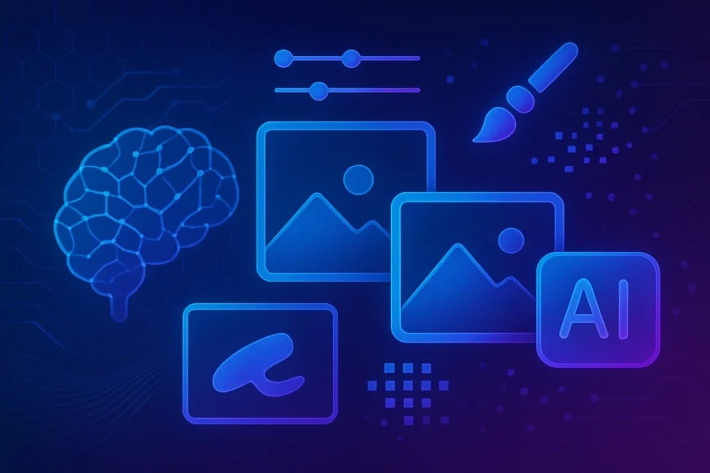 AI-based image editing tools with photo thumbnails, sliders, paintbrush, and brain icon on a digital tech background
