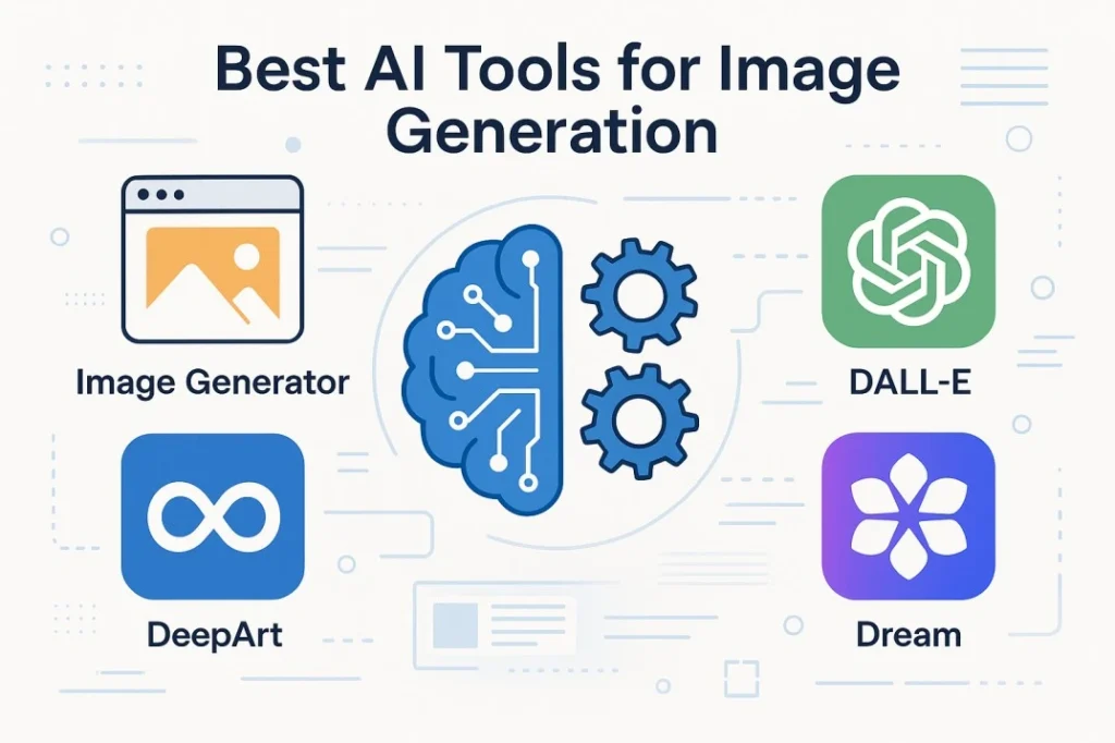 Best AI tools for image generation – futuristic digital background with AI text and circuit design