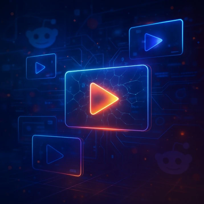 Best free AI video generator Reddit – futuristic video play button with Reddit icon on a digital background