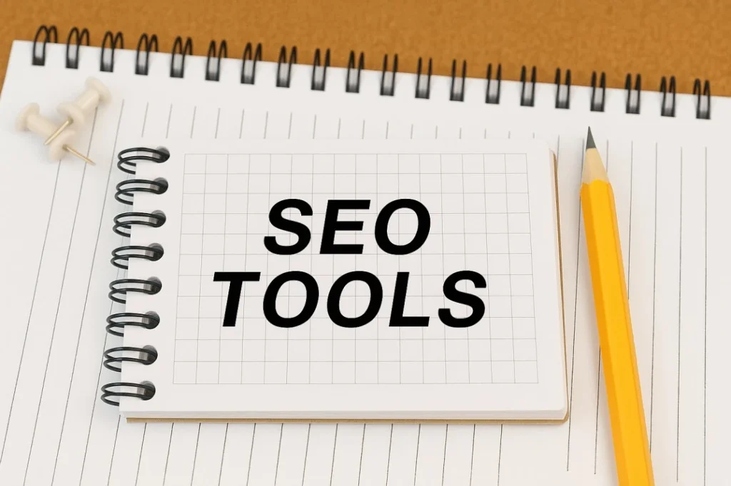 3D spiral notebook with "SEO TOOLS" written on it, accompanied by a yellow pencil and pushpins on lined paper.
