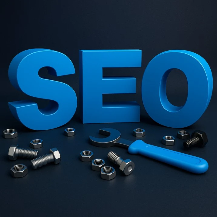 3D illustration representing the top 10 SEO tools, featuring the word SEO with bolts, nuts, and a wrench to symbolize optimization and digital strategy.