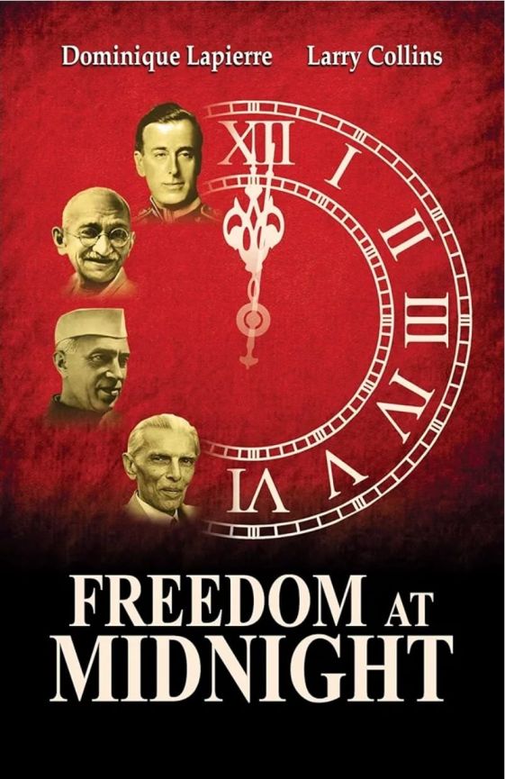 Freedom at Midnight book cover by Dominique Lapierre and Larry Collins - Red cover with clock showing midnight and portraits of Gandhi, Mountbatten, Nehru and Jinnah