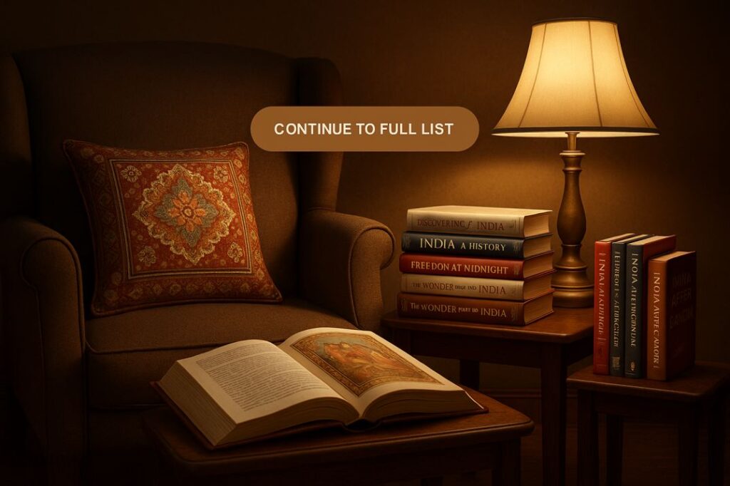 Cosy reading nook with armchair, Indian history books on a side table, warm lamp light, and a floating CTA badge saying Continue to Full List.