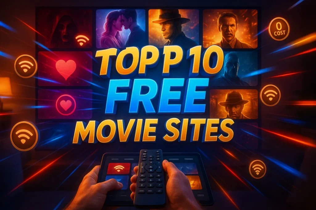 Top 10 free movie sites that actually work in 2025 featuring streaming interface with TV remote, smartphone, and diverse movie genres including romance, action, horror, and western films available at zero cost