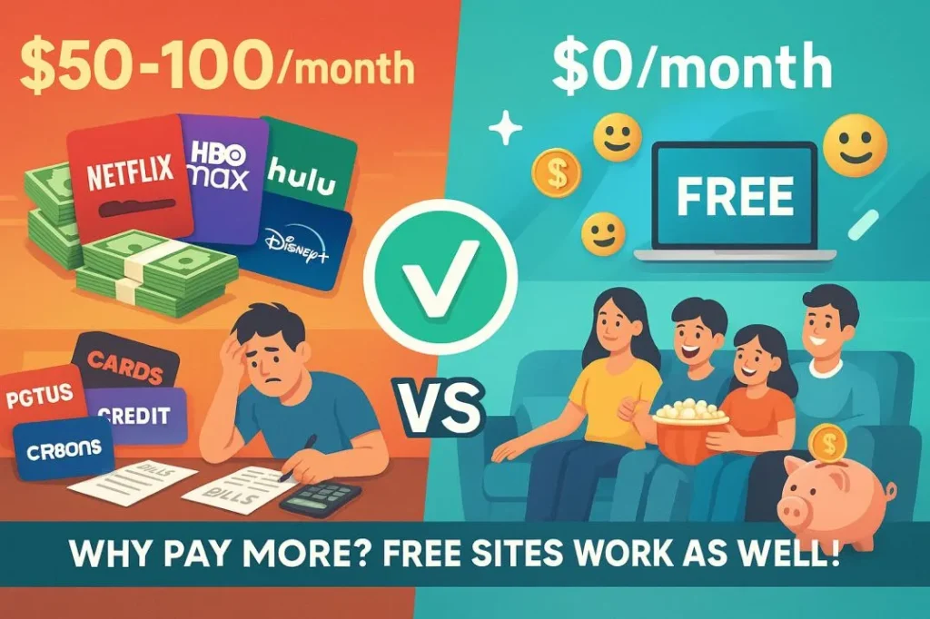 Top 10 free movie sites that actually work in 2025 comparison showing paid streaming services costing $50-100 per month versus free movie streaming at $0 per month, with a happy family watching movies on the couch