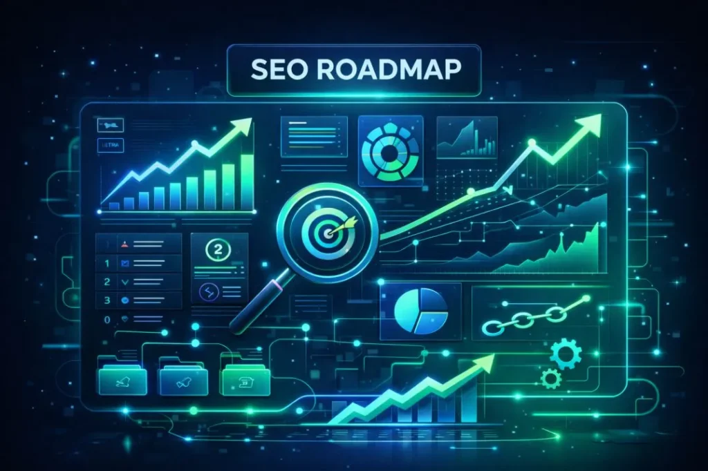 SEO roadmap dashboard showing keyword growth, traffic analysis, and ranking improvement strategy