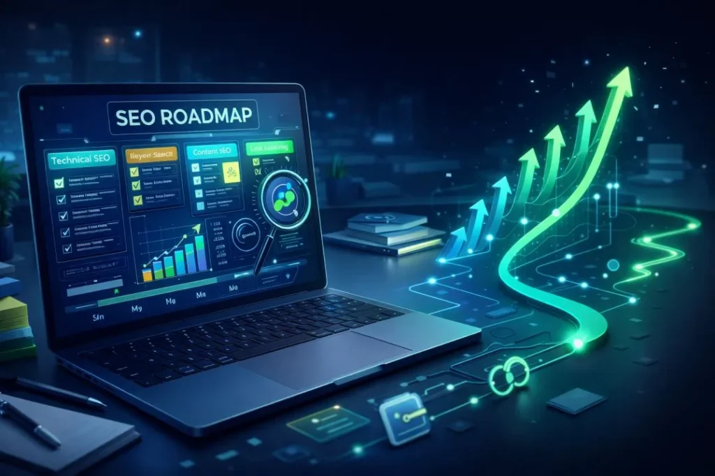 SEO roadmap displayed on laptop showing step-by-step SEO strategy and organic growth path